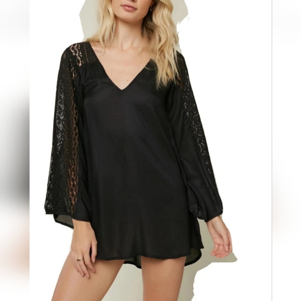 OβNeill Eva Black Cover-Up Tunic Blouse Lace Long Sleeves Beachy Festival Boho L